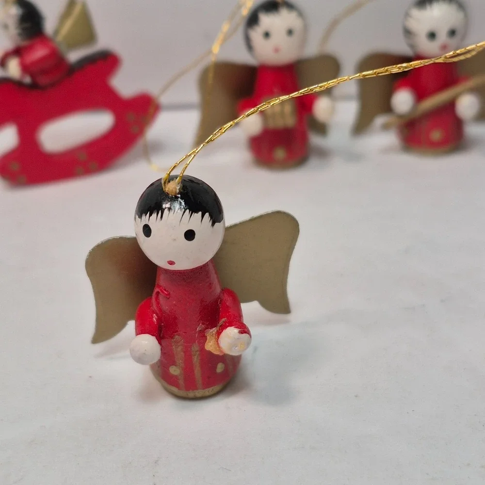 Vintage Miniature Angel Ornaments Lot Of 10 Mini Wooden Red Gold Christmas